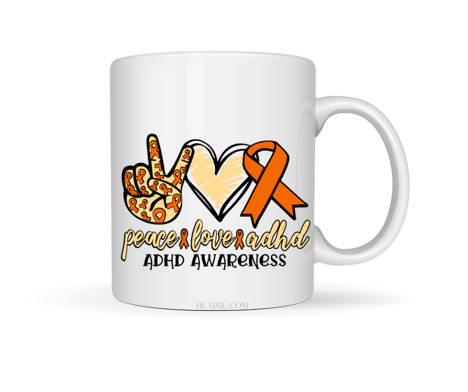 PEACE LOVE AND ADHD CERAMIC MUG