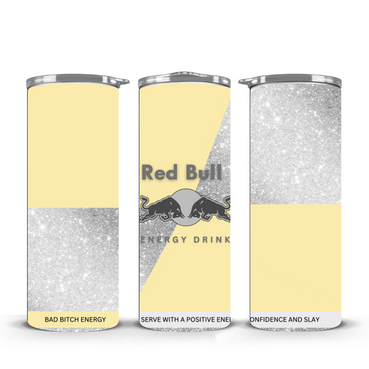 R Energy yellow and silver tumbler