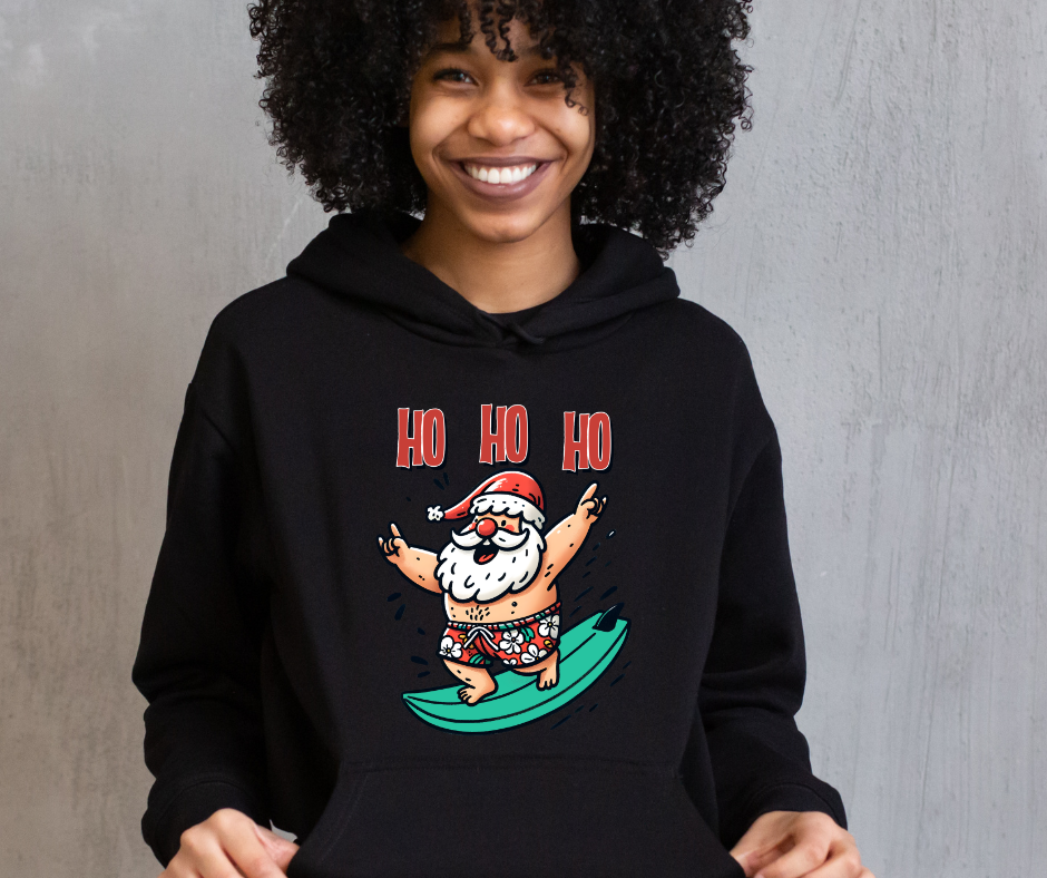 HOHOHO SURFING SANTA CHRISTMAS HOODED SWEATSHIRT