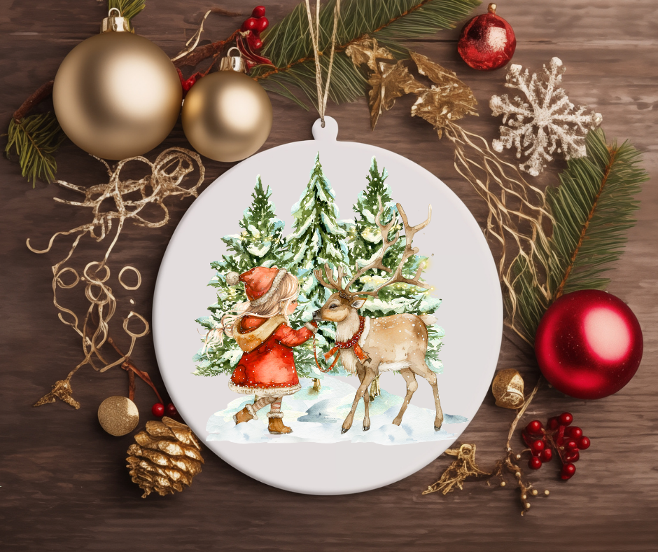 GIRL WITH A REINDEER CHRISTMAS TREE ORNAMENT