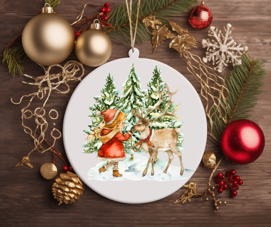 GIRL WITH A REINDEER CHRISTMAS TREE ORNAMENT