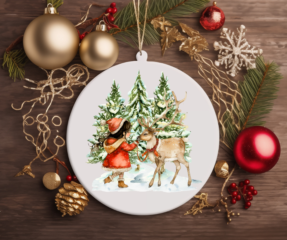 GIRL WITH A REINDEER CHRISTMAS TREE ORNAMENT