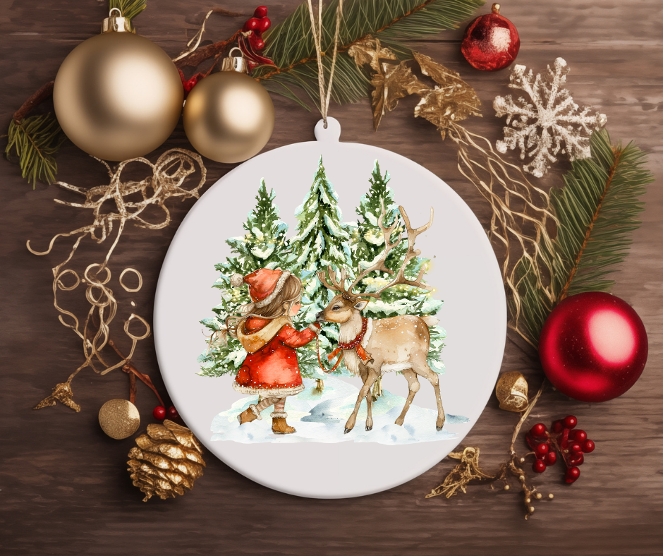 GIRL WITH A REINDEER CHRISTMAS TREE ORNAMENT