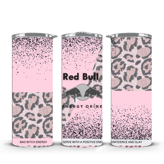 R Energy black and pink leopard print tumbler